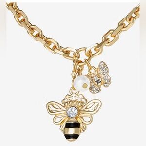 NWT Juicy Couture Gold Tone Queen Bee Crystal Pearl Crown 18 In Pendent Neclace